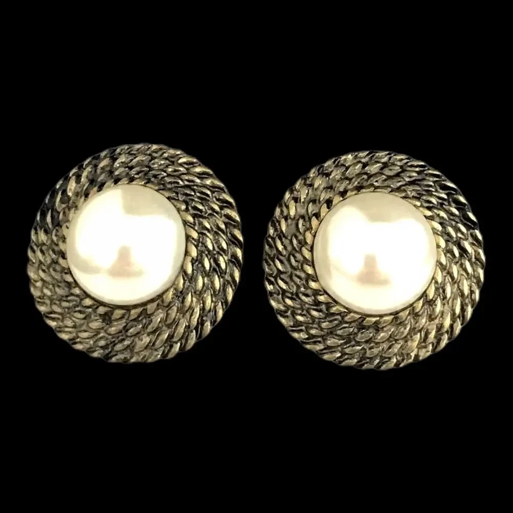 New Statement Earrings Antique Gold Tone Simulated Pearl Large - 1K